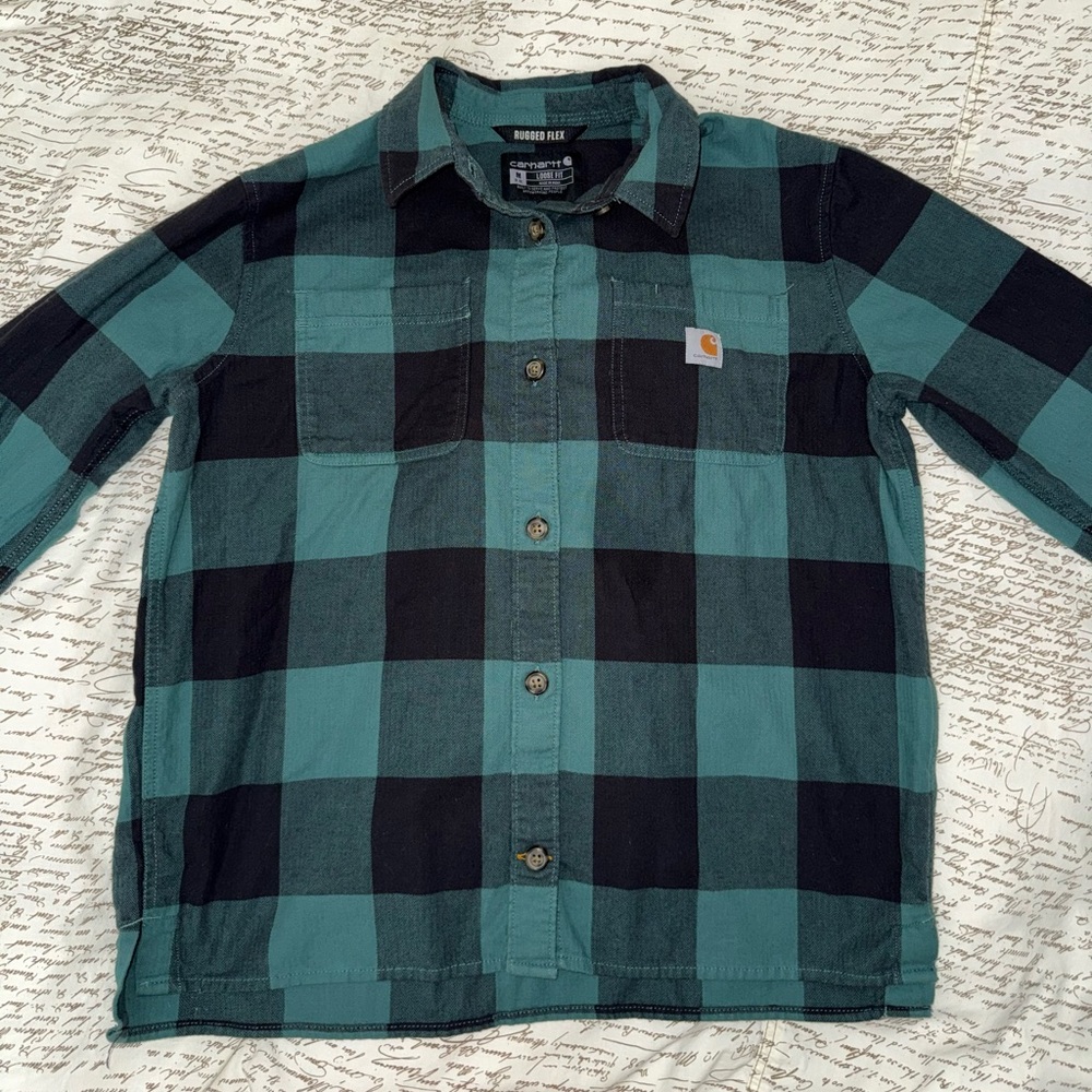 Carhartt Women’s Plaid Button-Up Shirt Rugged Flex Teal Black | Size Medium